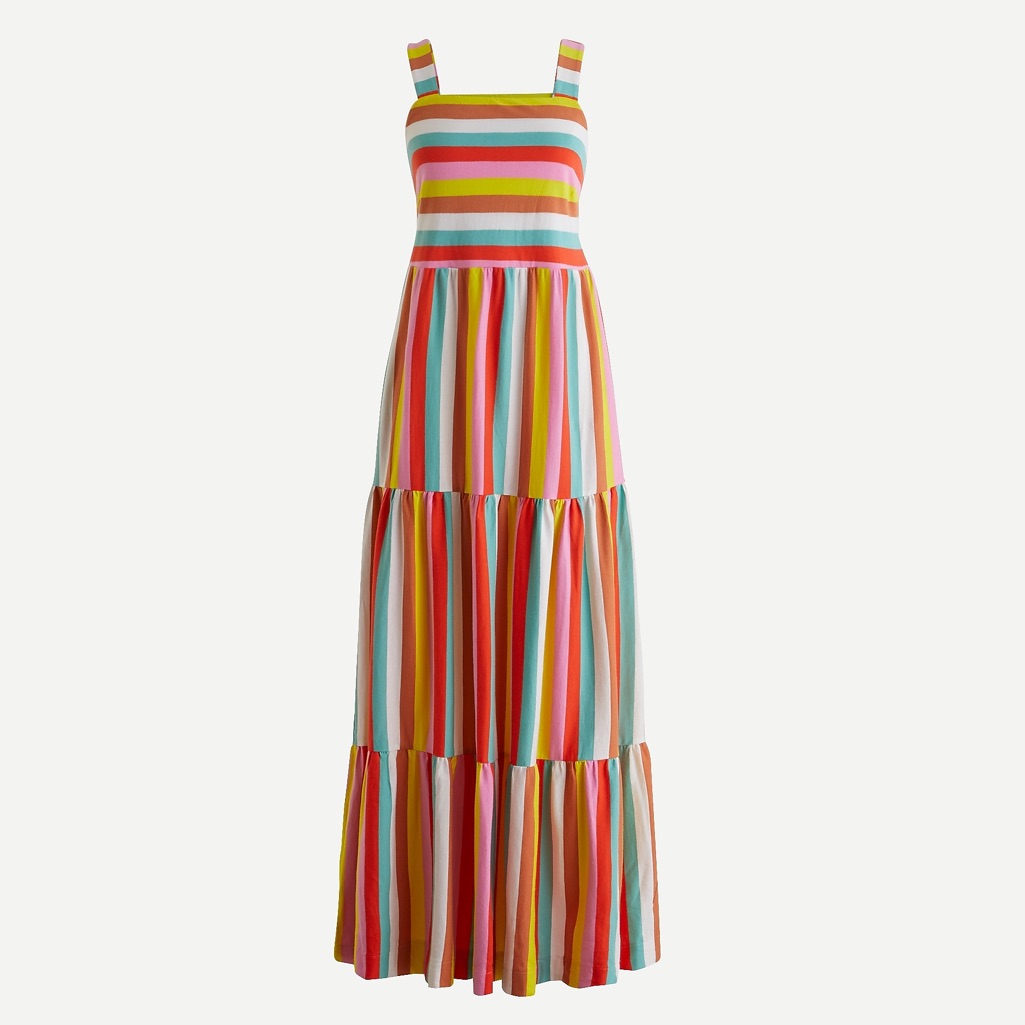 J. Crew Rainbow Stripe Tiered Ruffle Maxi Dress Xxs